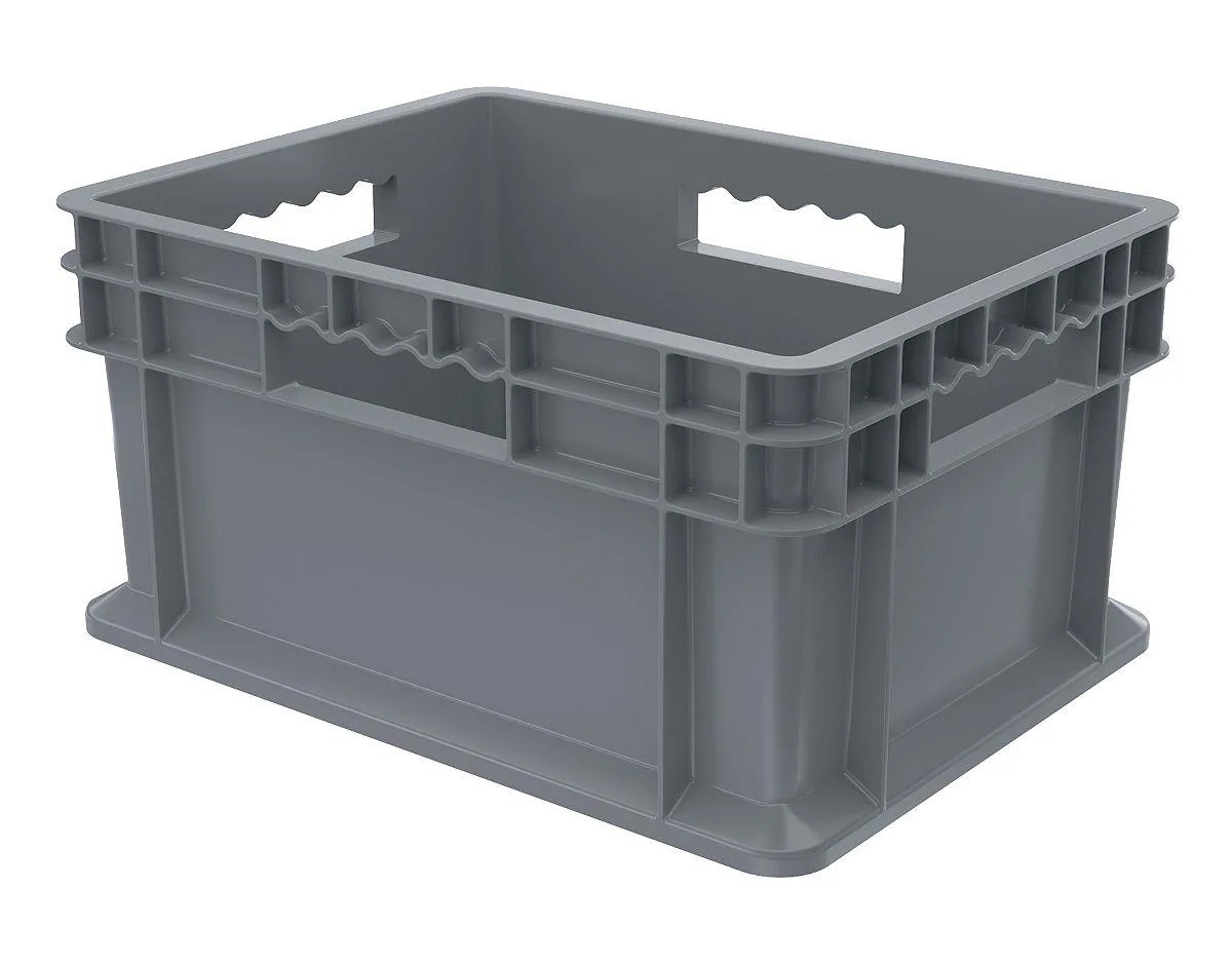 Grey rectangular plastic storage tote with straight walls and open top
