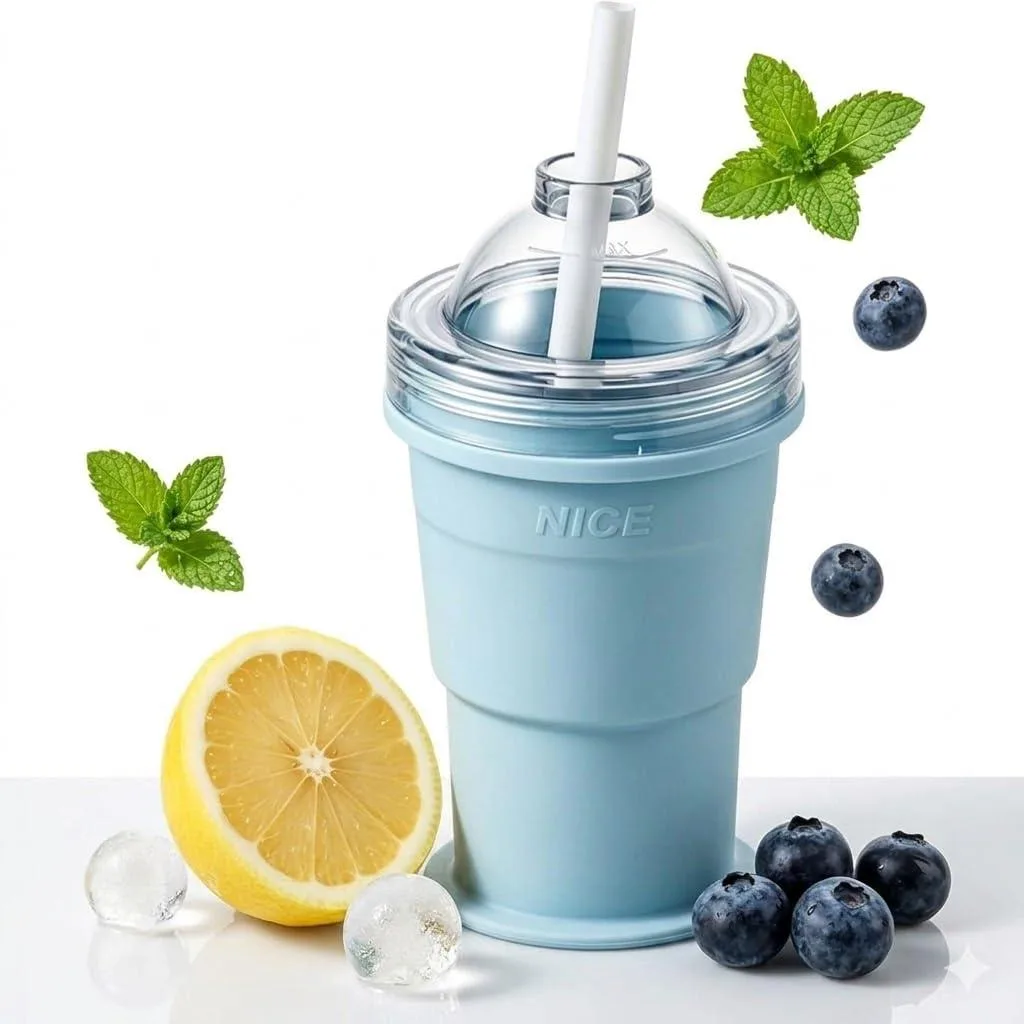 Blue collapsible silicone ice ball maker cup with lid and straw