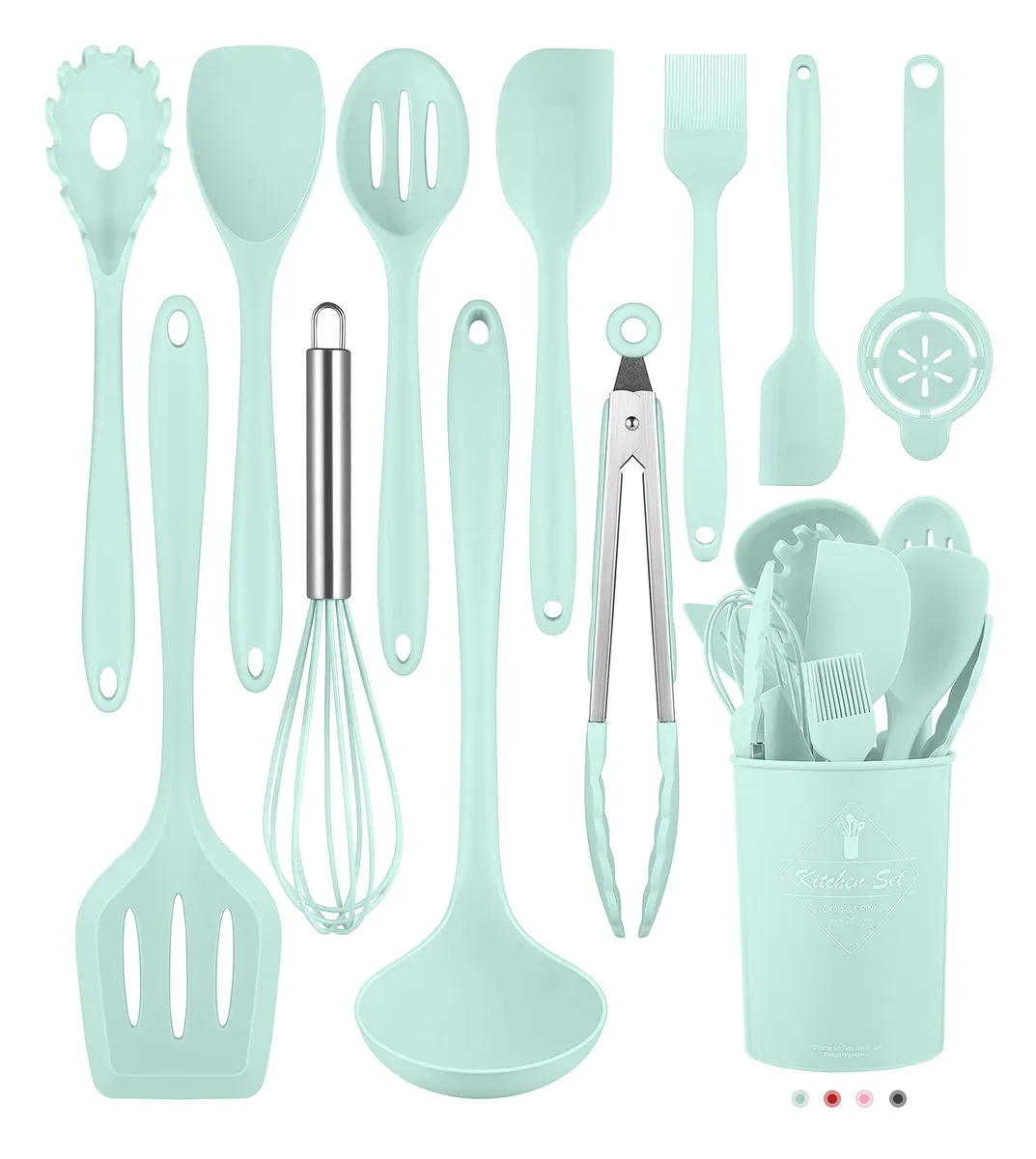 Twelve green silicone cooking tools in a holder
