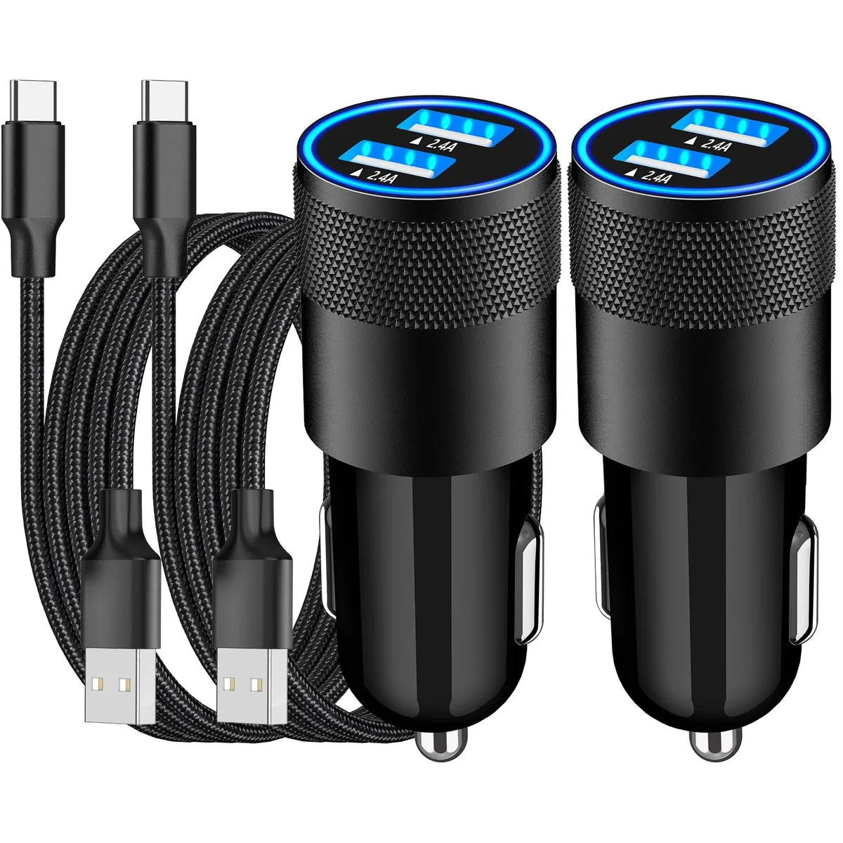 Two black USB-C car chargers with braided Type-C cords, 2-pack