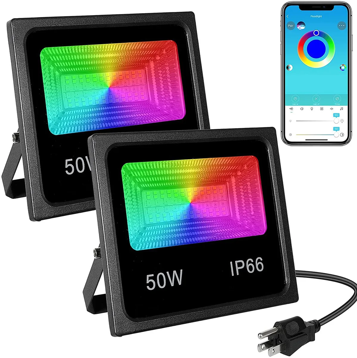Two rectangular 50W RGB floodlights with IP66 housings and US plugs