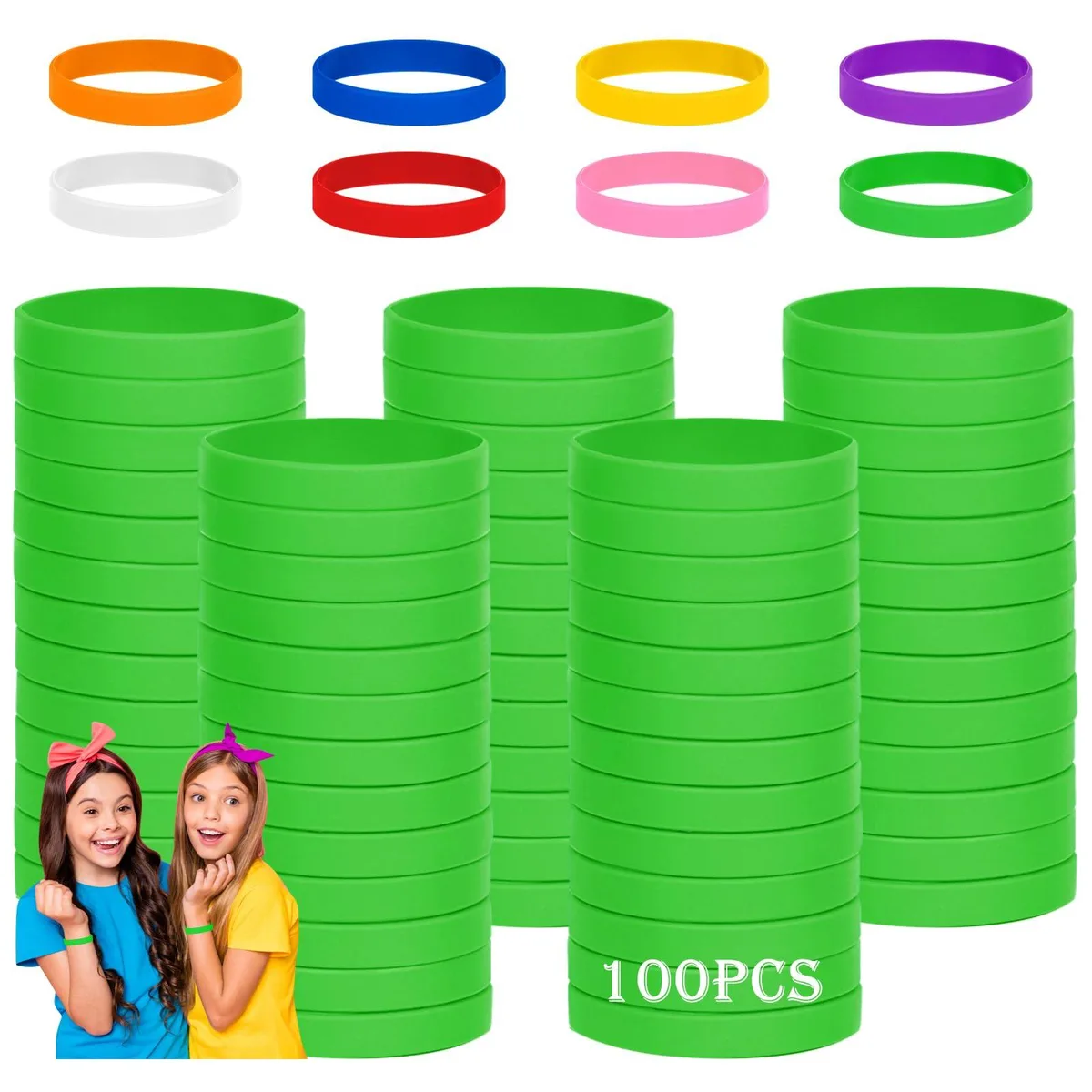 Stack of 100 green silicone wristbands, 180mm circumference, 12mm wide