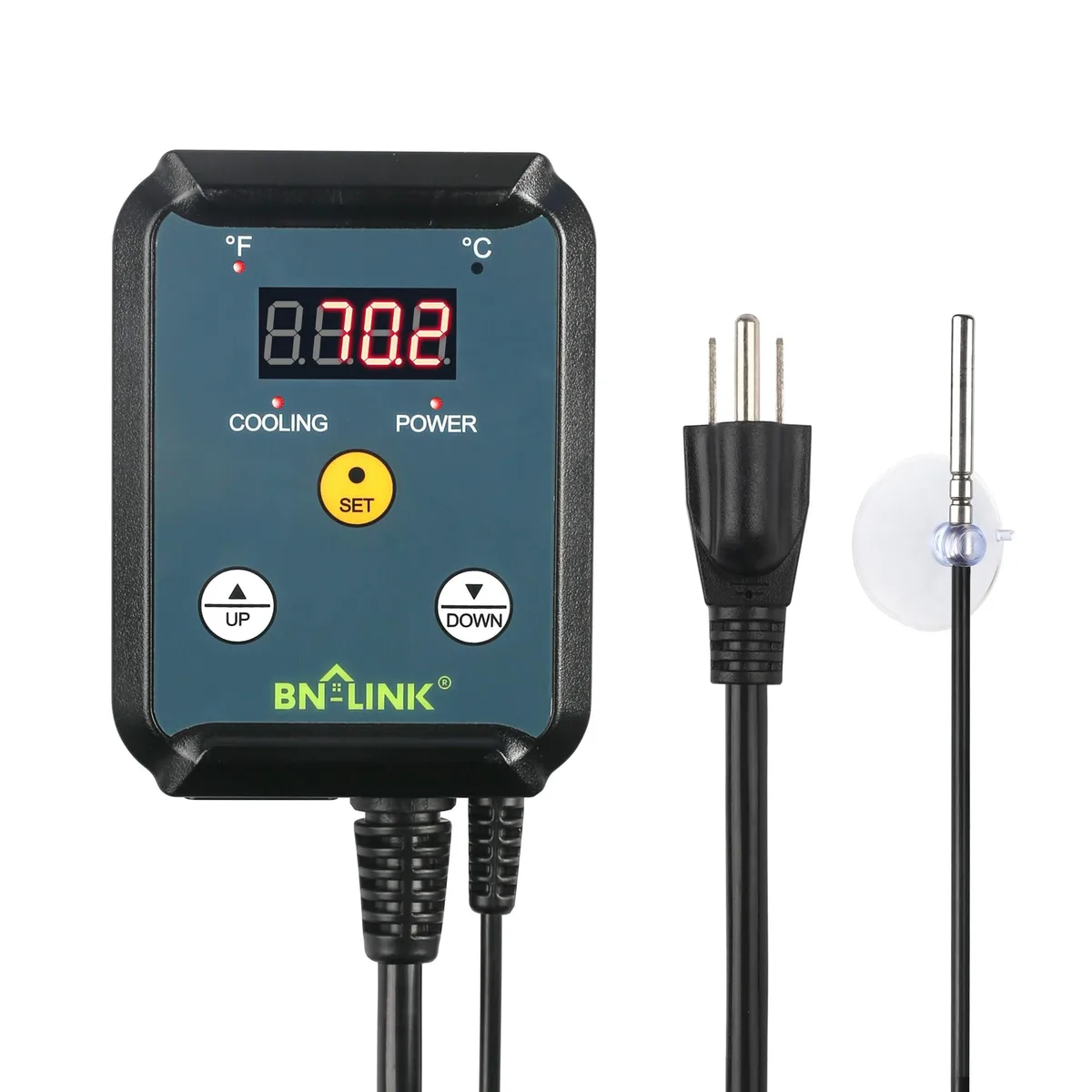 White rectangular thermostat controller with digital display and three buttons, wall-mount housing, probe and power cord visible
