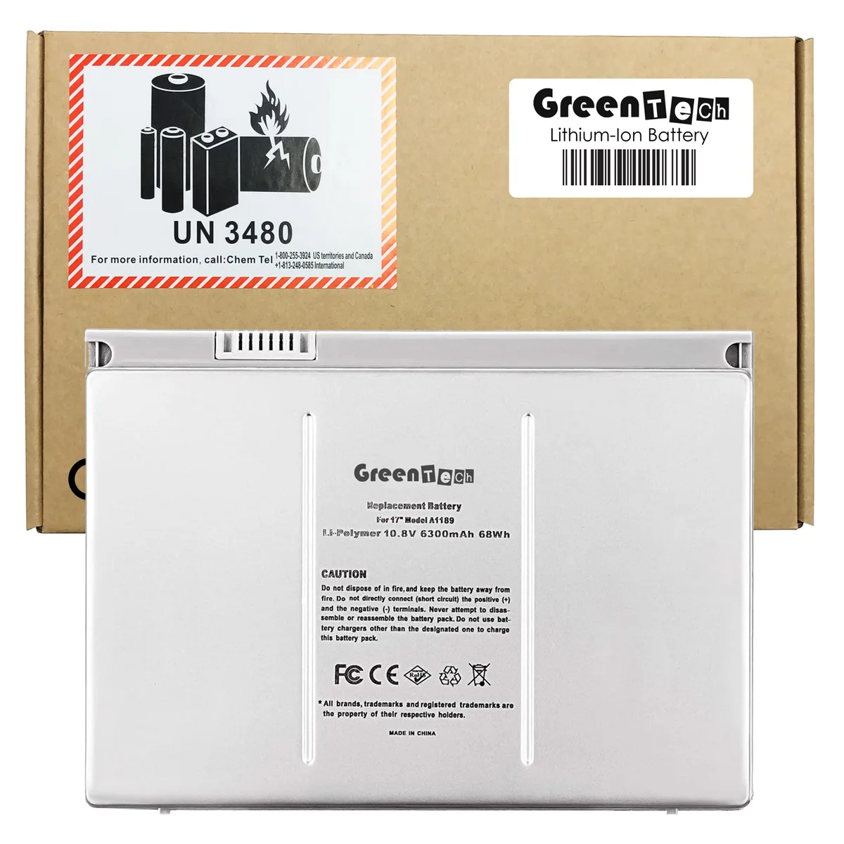 GreenTechLLC GreenTechLLC A1189 laptop battery 17 inch 2006-2008 70Whr 6600mAh 10.8V 6 cell — product photo