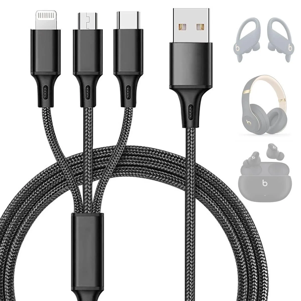 Orange 3-in-1 charging cable with Lightning USB-C and Micro-USB connectors 1.2m
