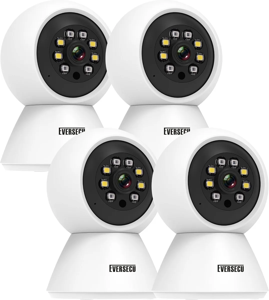 Four white dome cameras on a surface