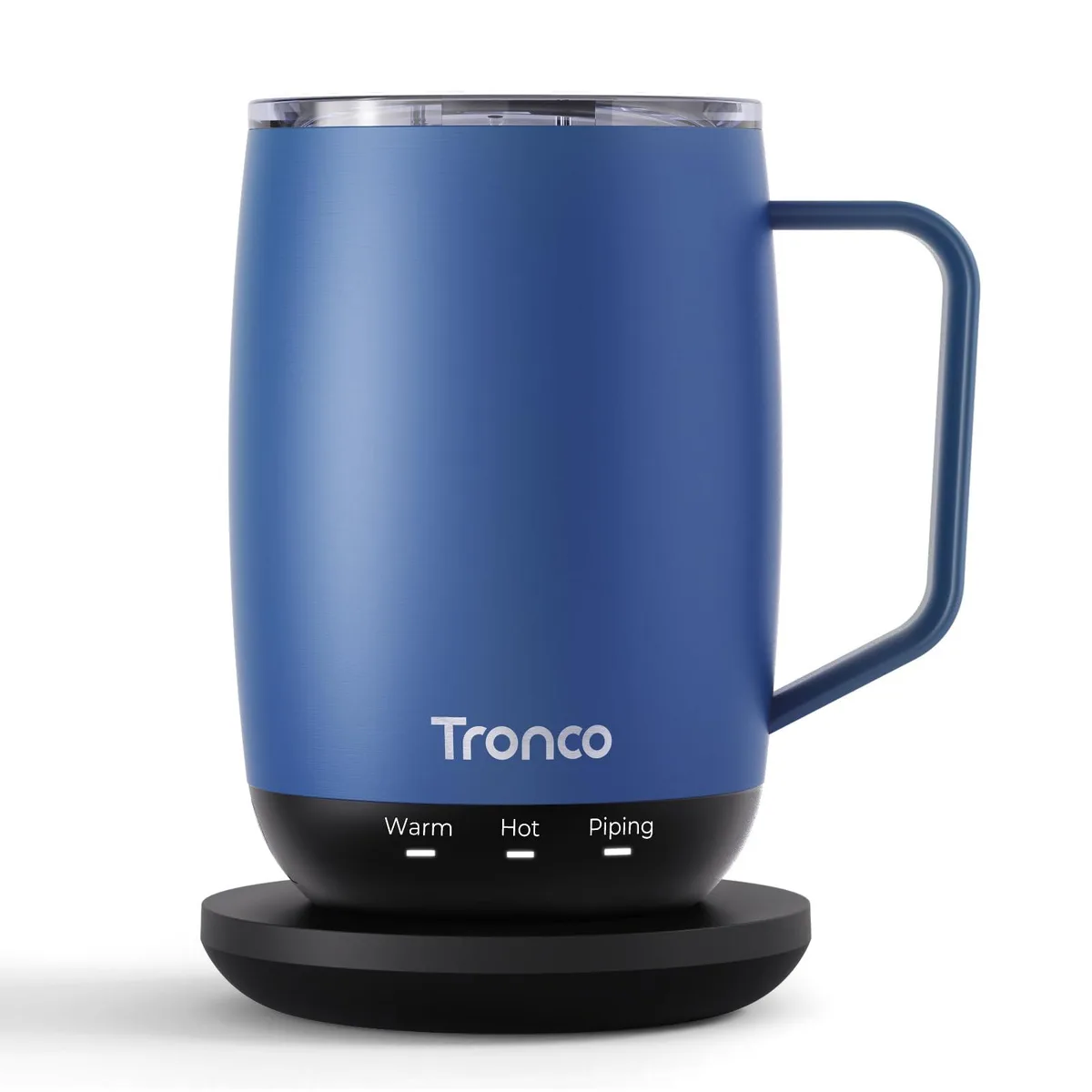 Blue ceramic-lined heated mug with ergonomic handle, spill-resistant lid and charging coaster