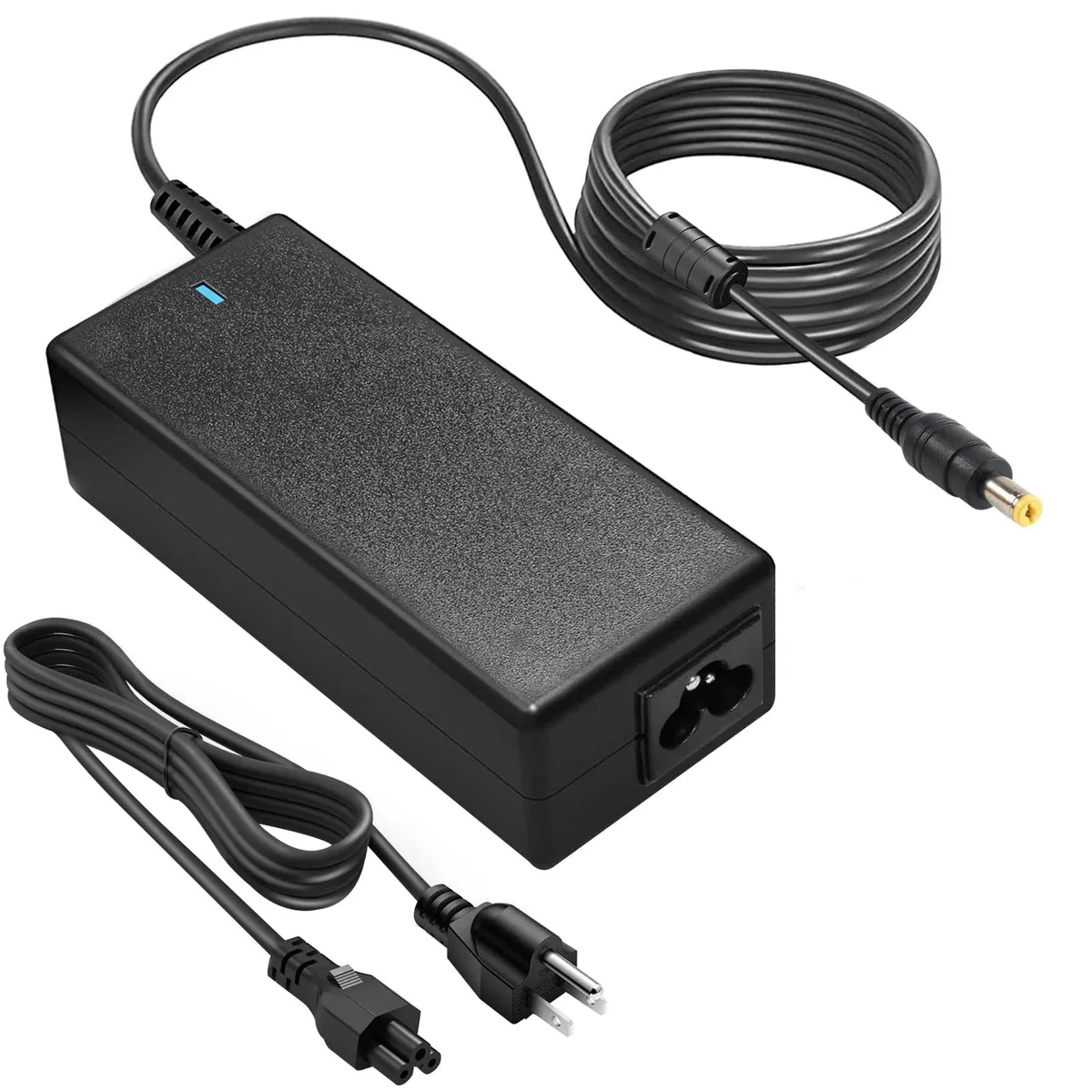 Black rectangular laptop charger with 5.5 by 1.7mm barrel connector and attached power cord
