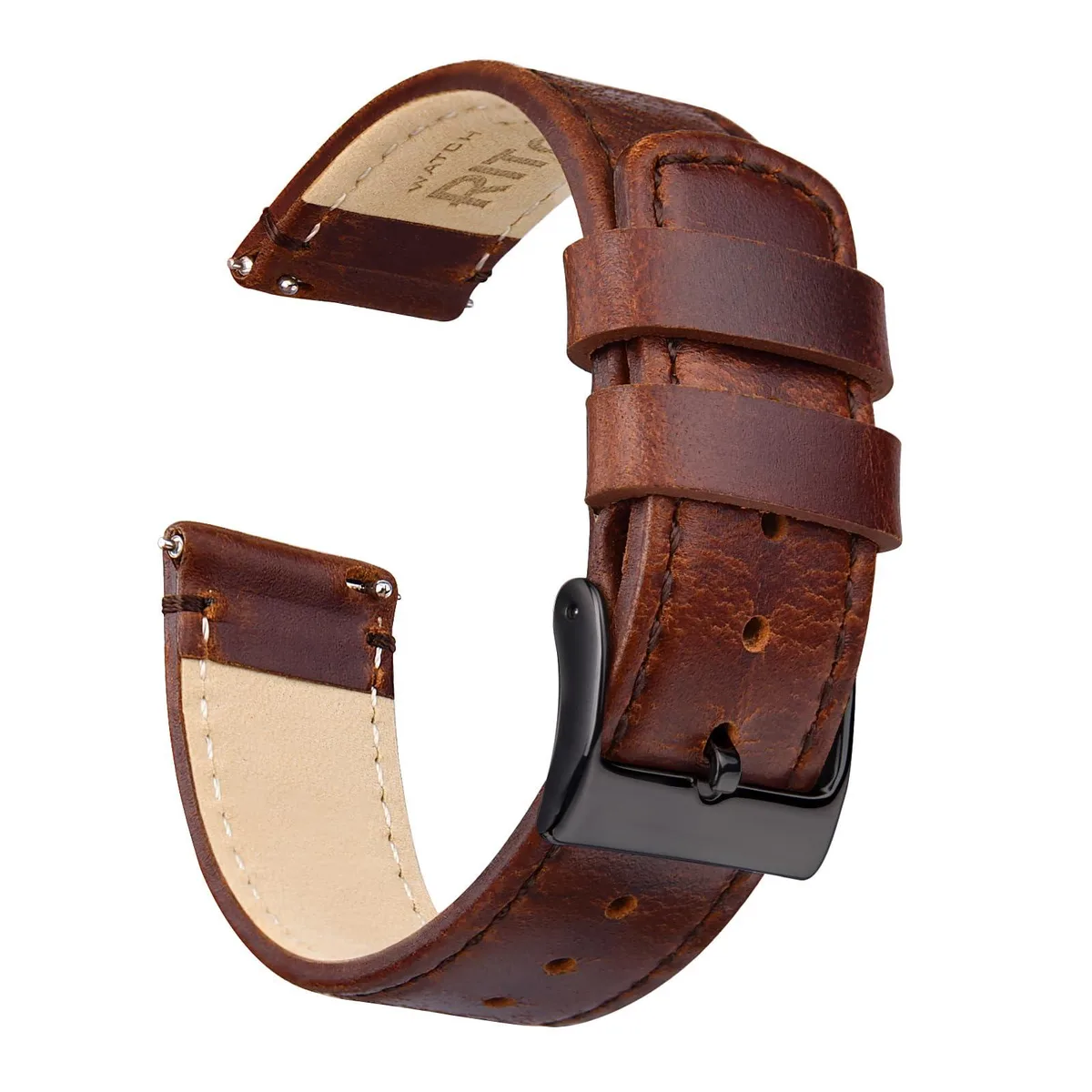 Black leather watch strap with silver buckle and quick release pins
