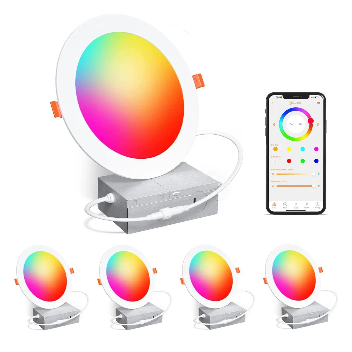 Four white rectangular smart recessed lights with junction boxes