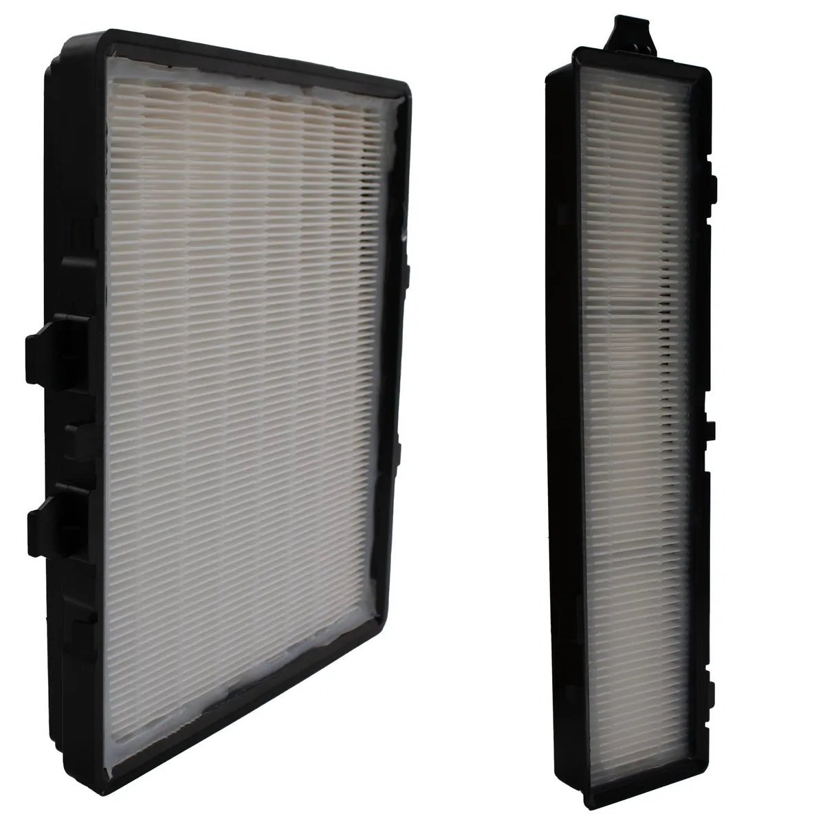 White rectangular air filter with black mesh surface and plastic frame