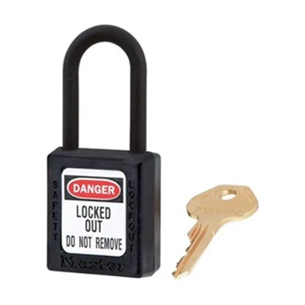 Three black dielectric padlocks with plastic shackles and keys