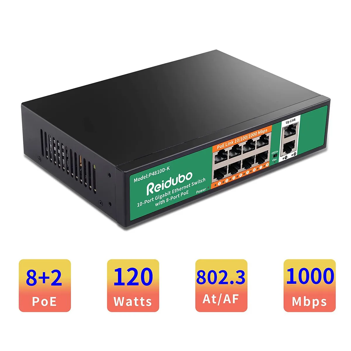 All-Tech All-Tech 10 Port Gigabit PoE Switch 8×PoE+2 Uplink 120W — product photo