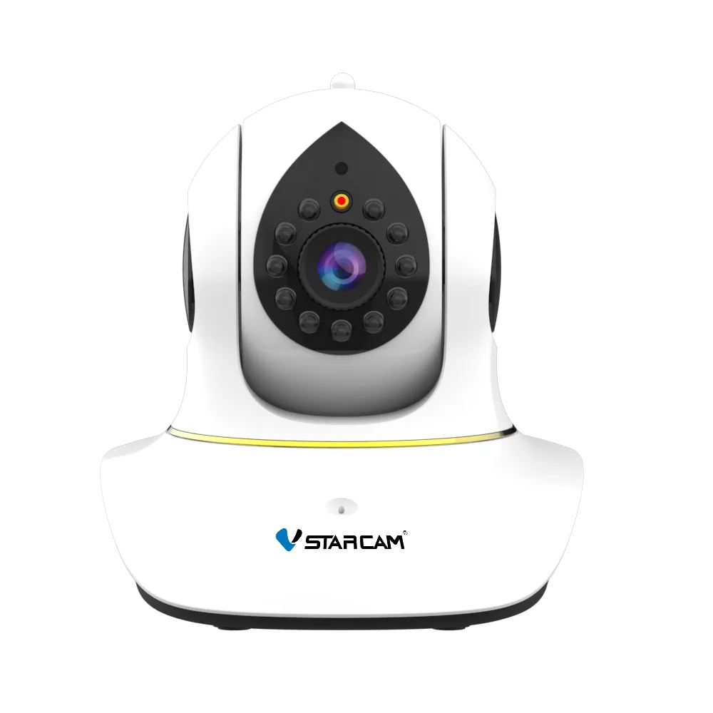 White dome IP camera with pan-tilt base, built-in microphone and speaker, IR LEDs around lens