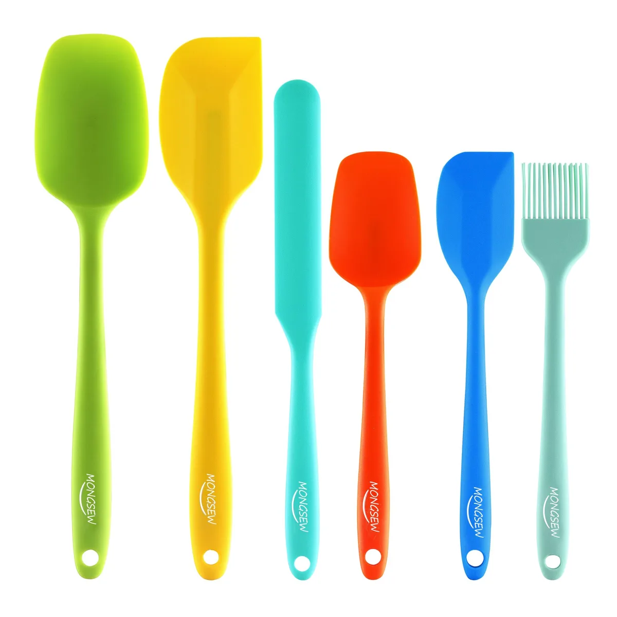 Six multicolour silicone spatulas and one brush, trapezoid heads, flexible finish