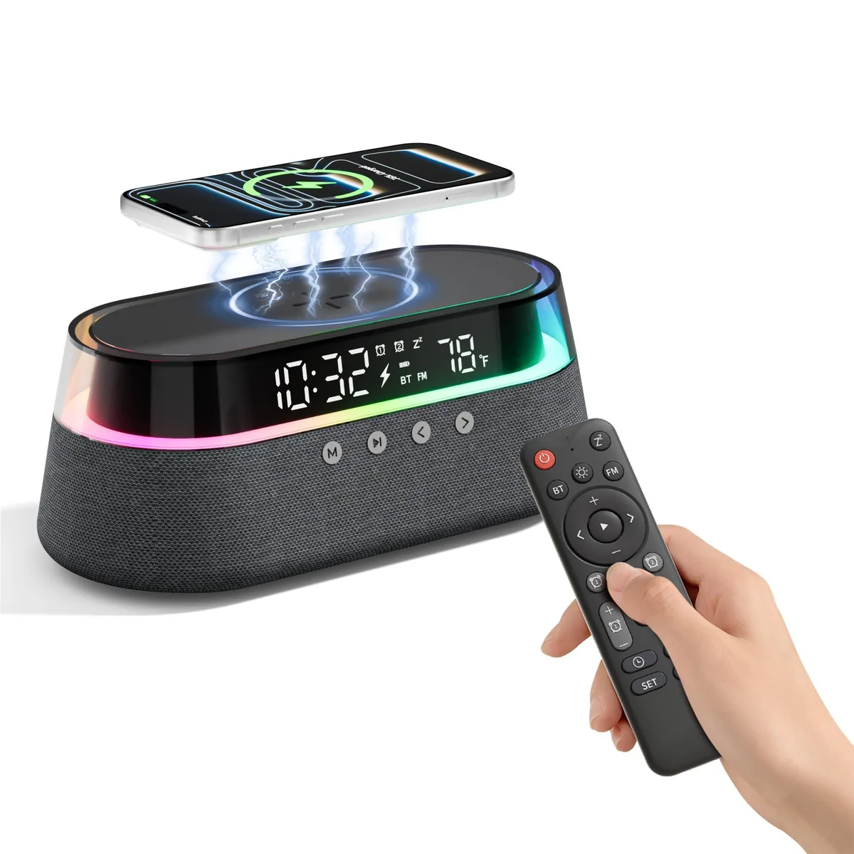 Dark grey rectangular digital clock with wireless charging pad, speaker grille, LED display and side touch controls