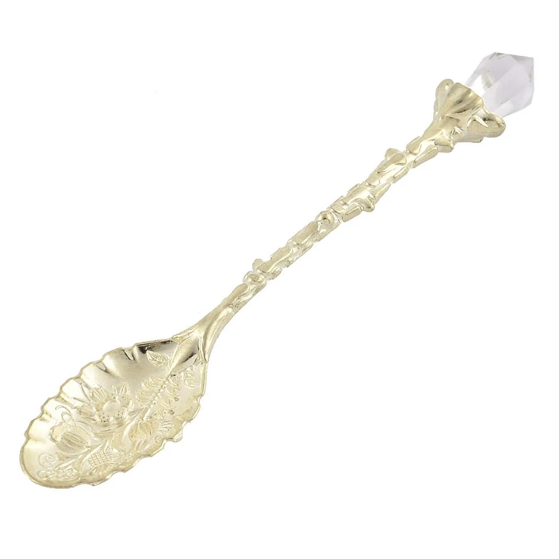 Small gold stainless steel spoon with flower pattern handle, 11 cm long