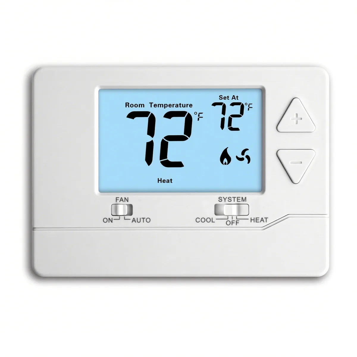 Twelve white rectangular wall thermostats with backlit displays and push buttons, 5.43 by 3.86 by 1.06 inches each