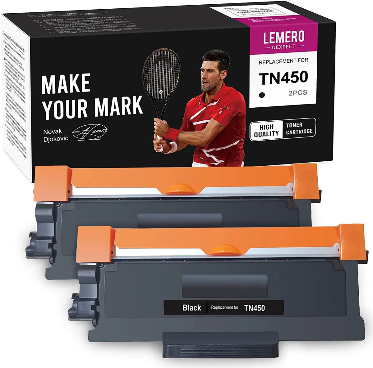 Two black toner cartridges in sealed packaging