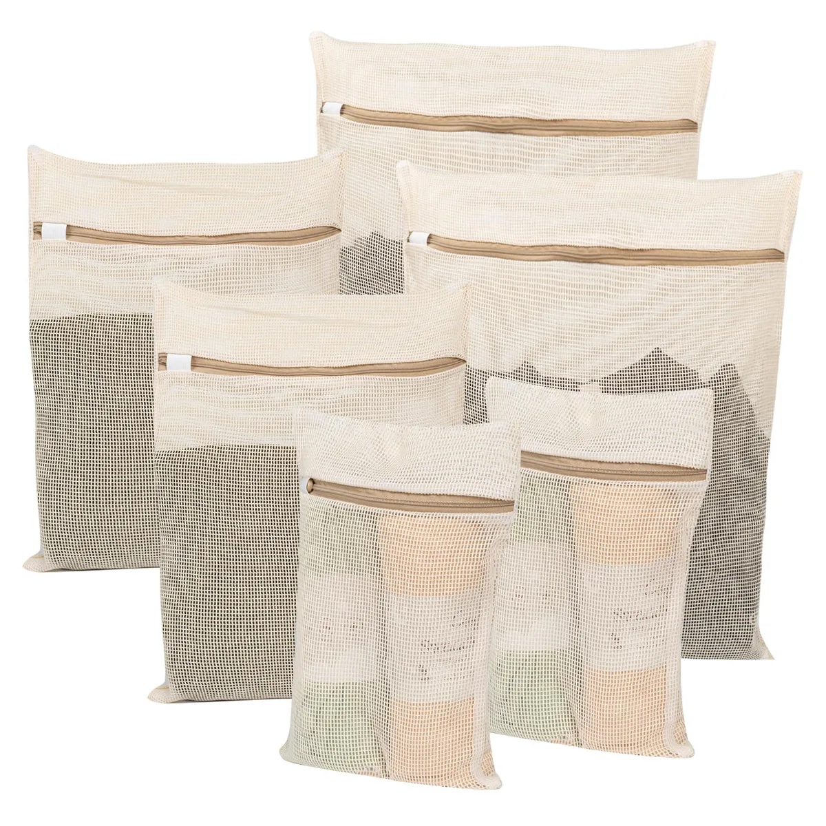Six beige cotton mesh laundry bags in three sizes with zip closures