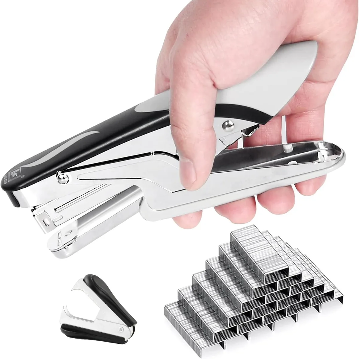 Brown metal desktop stapler with satin brass finish and integrated staple remover