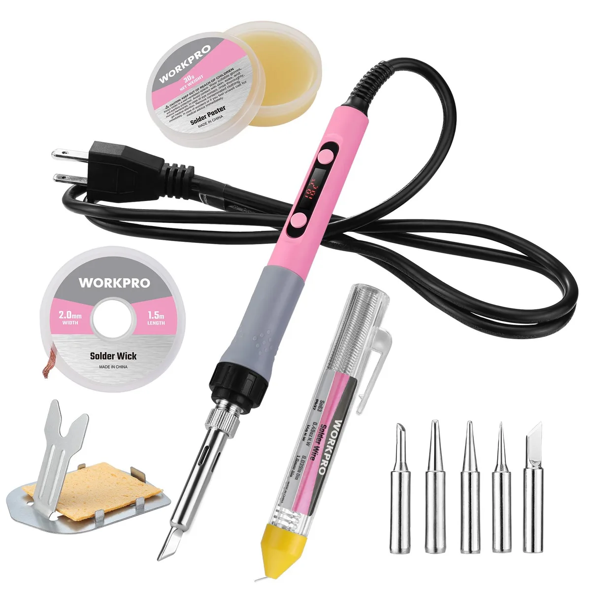 Pink 90W soldering iron kit with digital display, US plug, safety stand, tips and accessories