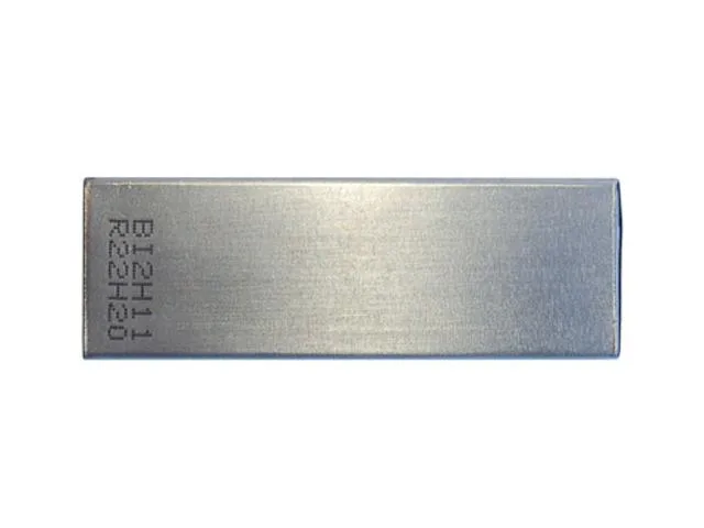 Rectangular lithium-ion battery, 65 by 22 by 6 mm, silver label, flat prismatic shape