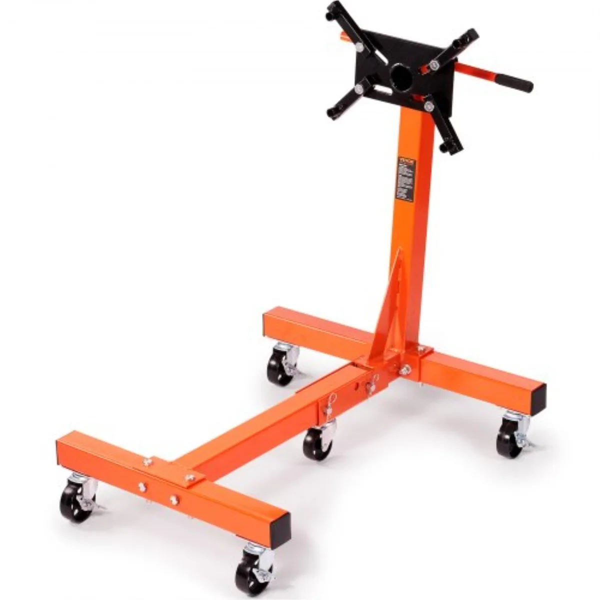 Red steel engine stand, H-shaped base, four adjustable arms, five casters, 360° rotating head