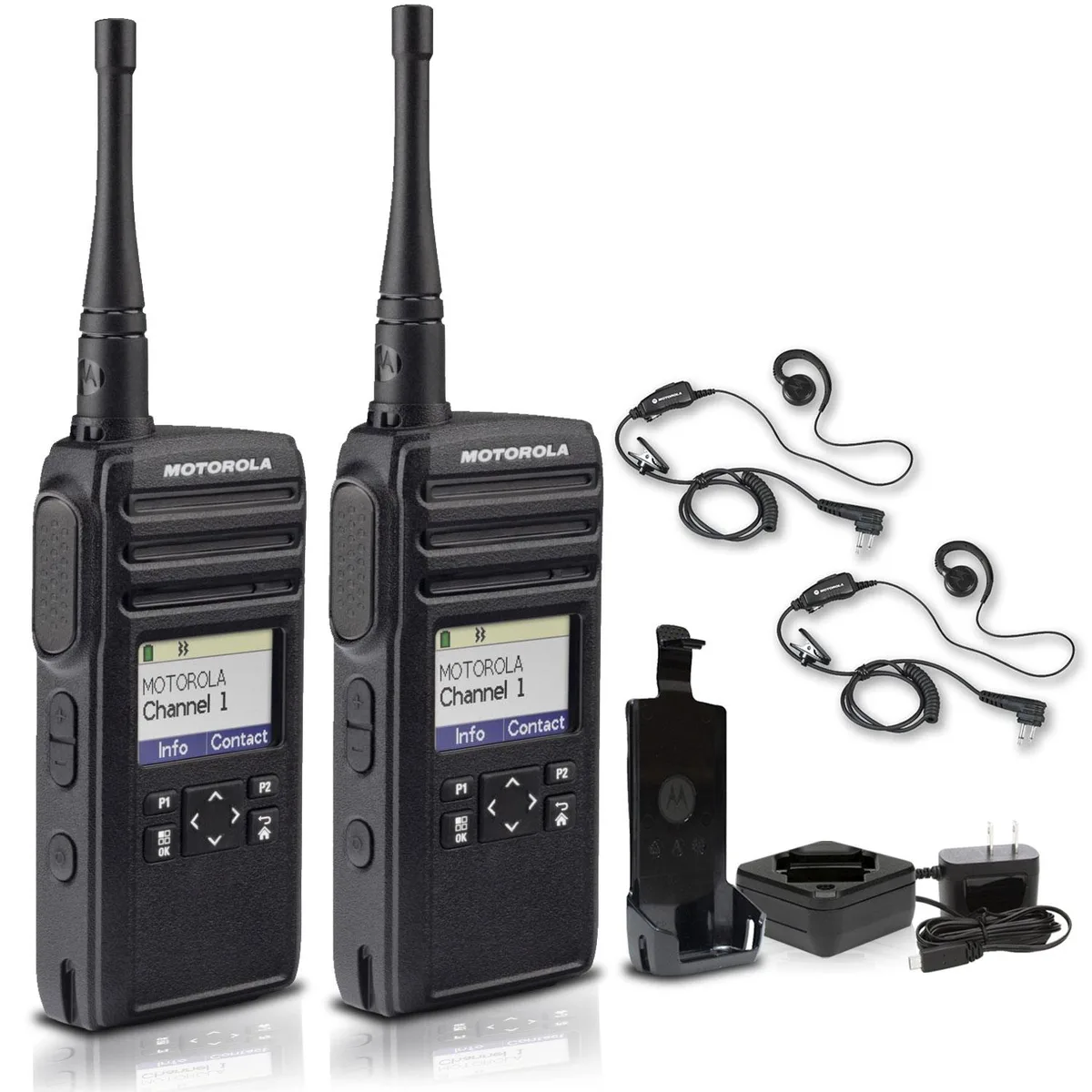Motorola Motorola DTR700 900 MHz Digital Two-Way Radio 50 Channels + 2 HKLN4604 Earpieces — product photo