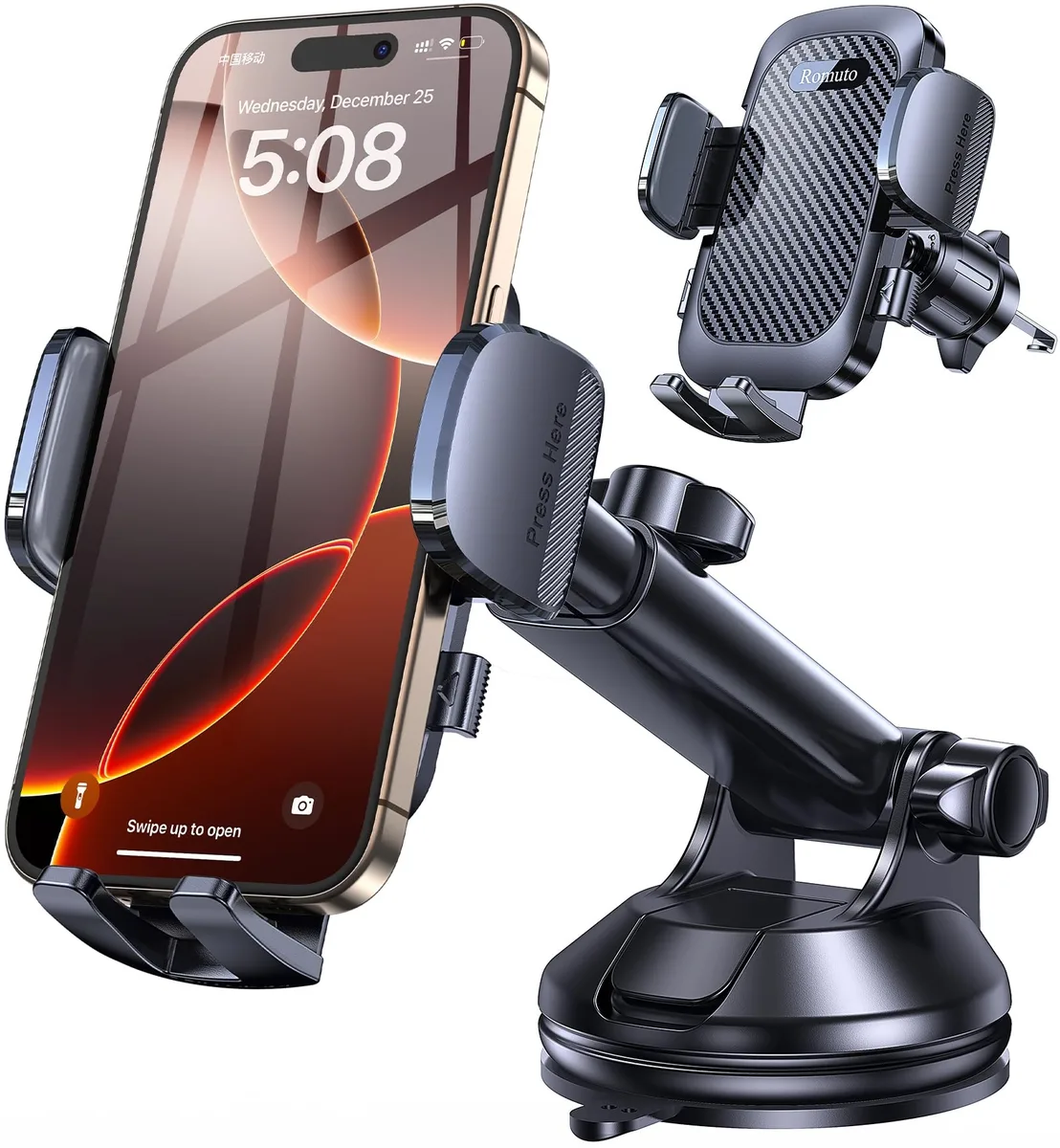 Dark black phone mount with suction cup, extendable arm, ball joint and vent clip