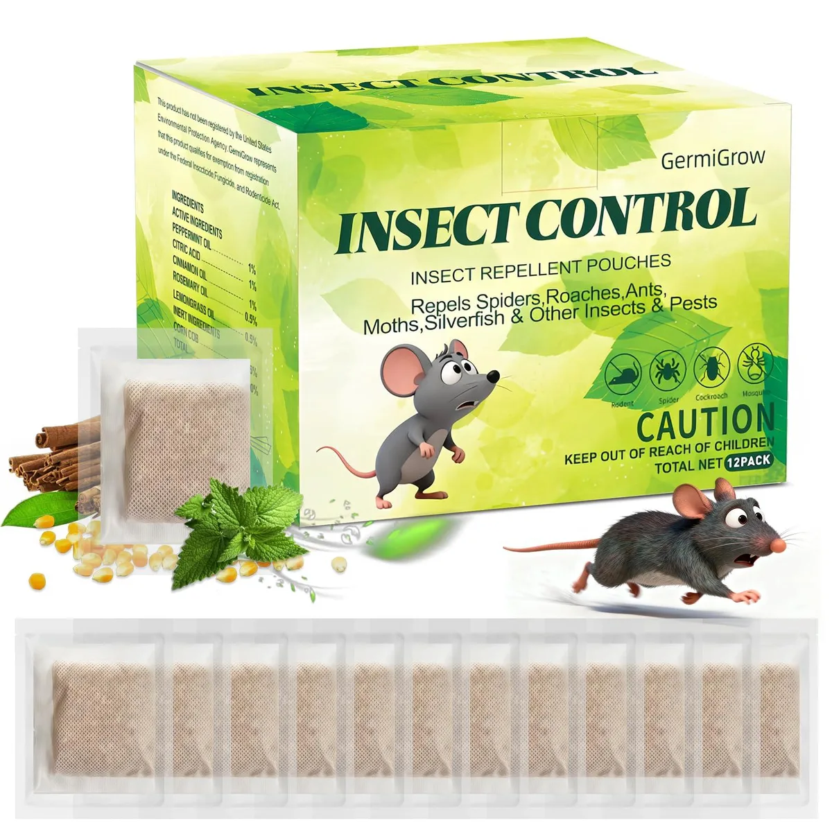 Twelve peppermint-oil repellent pouches in a pack