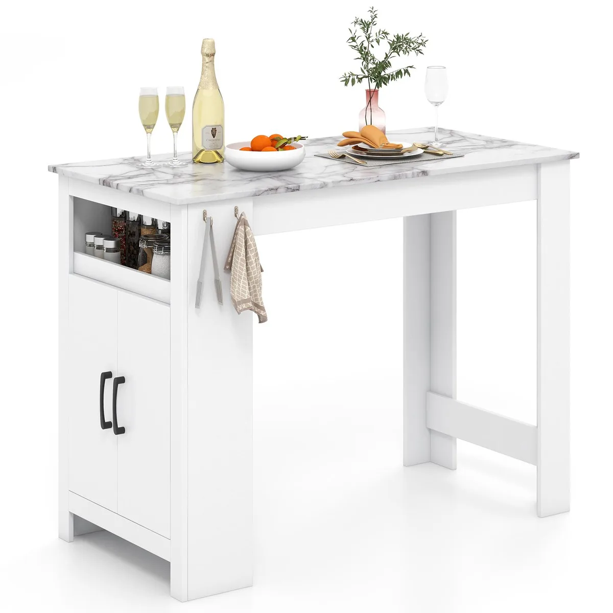 SlickBlue SlickBlue Bar Table Faux Marble White 47" 23.5" 35.5" 7 Hooks Compartment — product photo