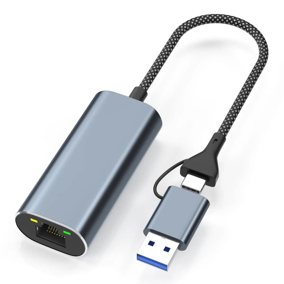 Compact dual-connector USB-A and USB-C to RJ45 Ethernet adapter in dark finish