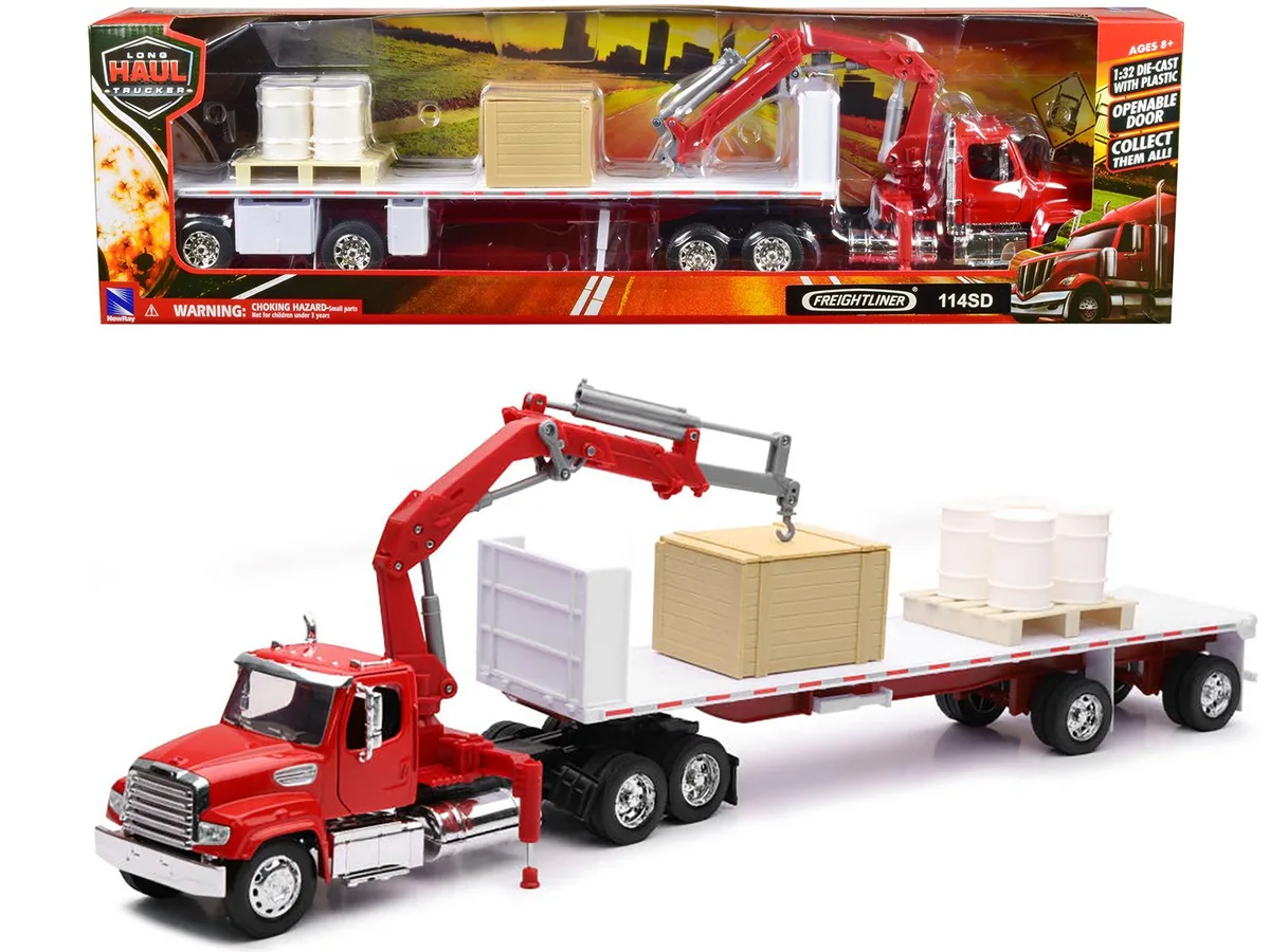 New Ray Toys New Ray Toys Freightliner 114SD Flatbed Truck with Crane Red 1/32 Diecast — product photo