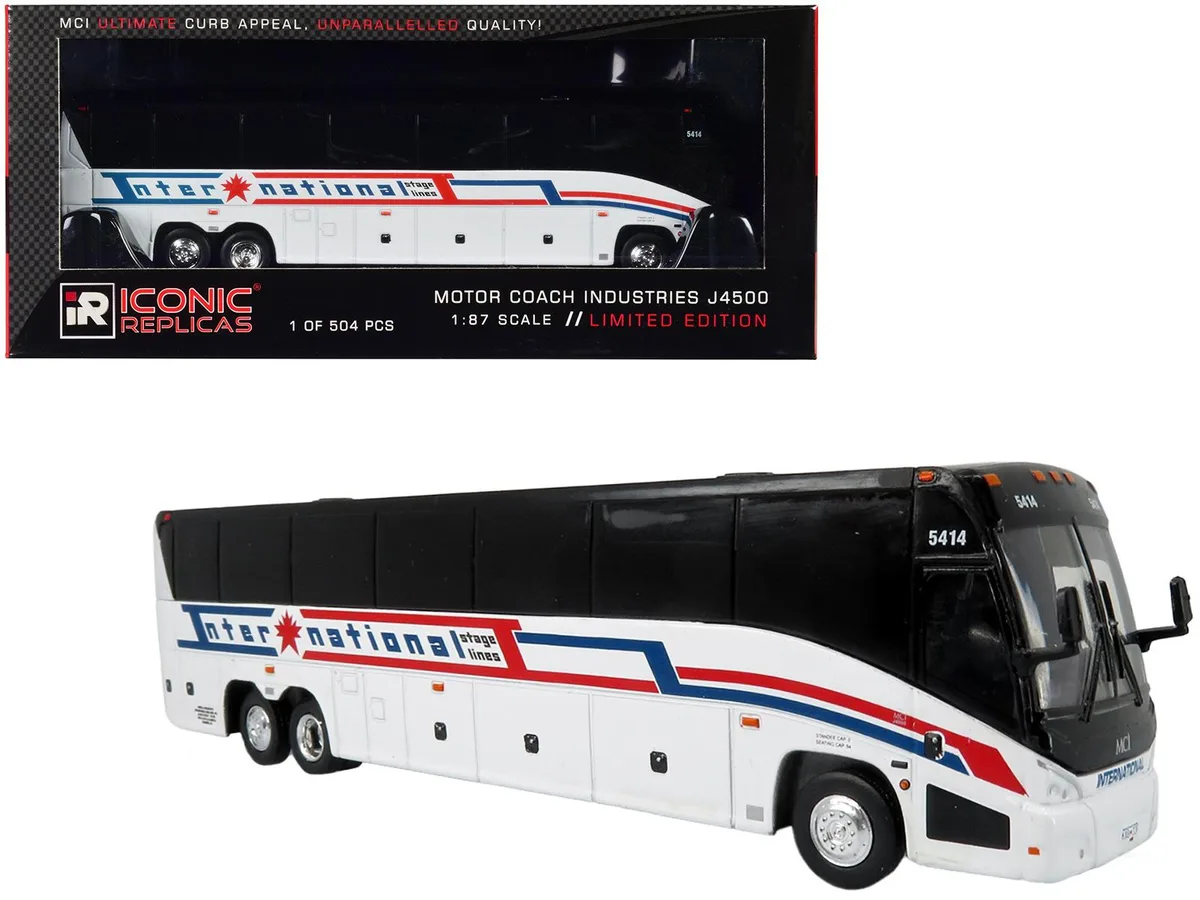 Iconic Replicas Iconic Replicas MCI J4500 International Stage Lines White Limited Edition 504 1/87 Hobby Collectible — product photo