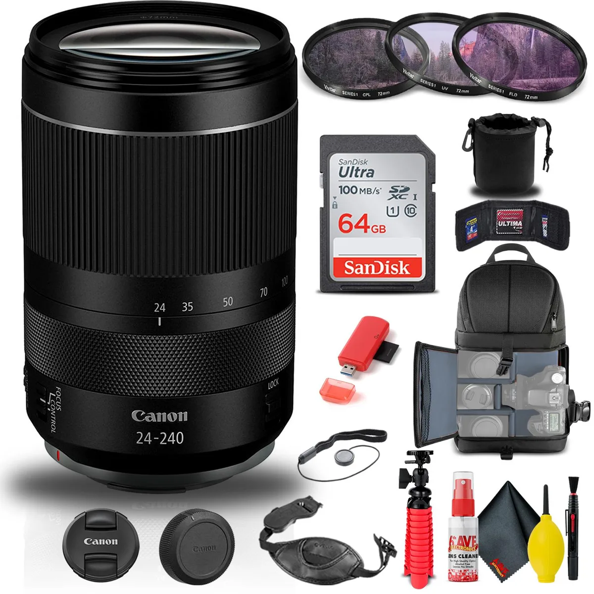 Canon Canon RF 24-240mm f/4-6.3 IS USM Lens Bundle with Filter Kit, Backpack, 64GB Card, Tripod and Accessories — product photo
