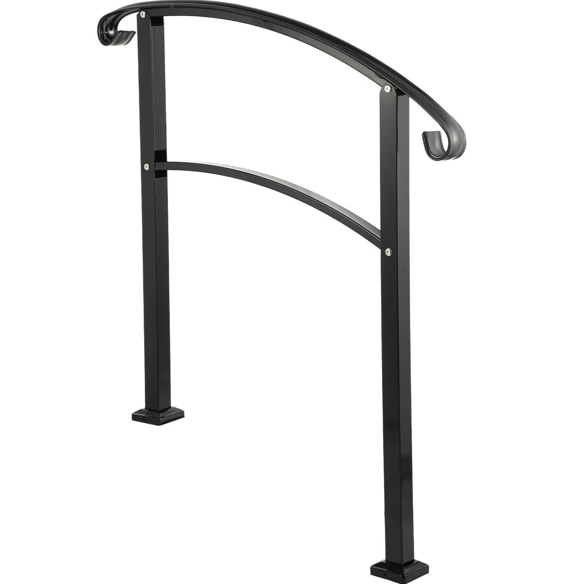 Black wrought iron three-step handrail with two posts and mounting hardware