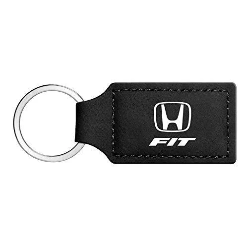 Black rectangular leatherette key chain with Honda Fit logo, 3-3/4 by 1-1/4 inches