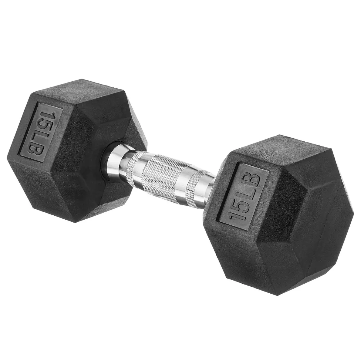 Black rubber hex dumbbell with contoured handle, 15 lb single weight