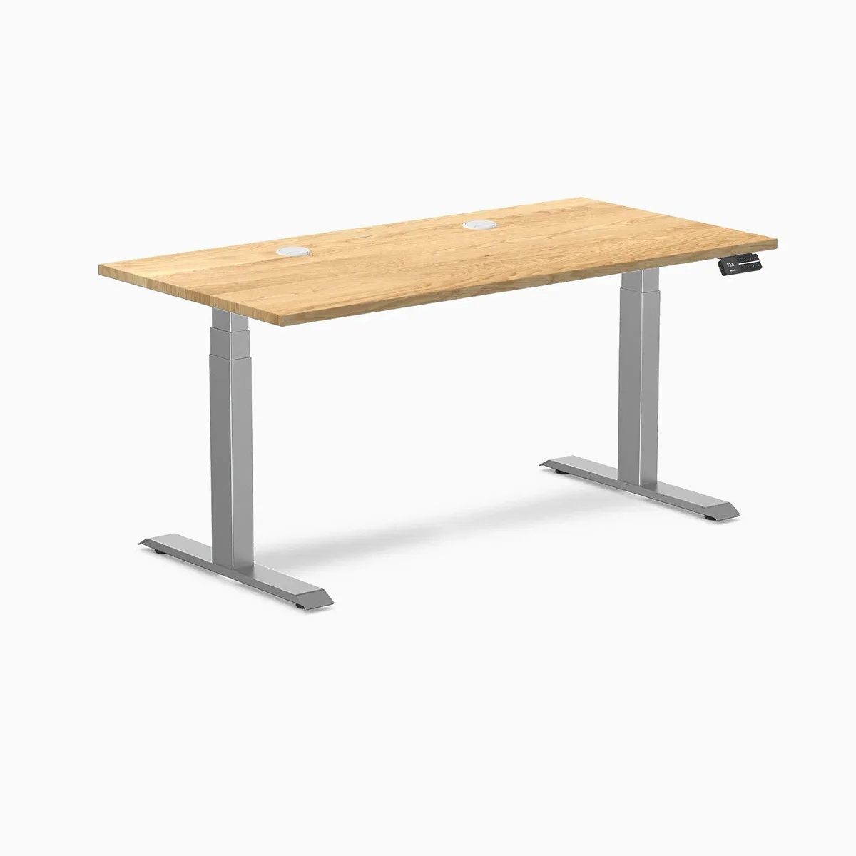 Desky Desky Dual Hardwood Sit Stand Desk White Oak 60 x 30 inches Grommets Space Grey office furniture — product photo