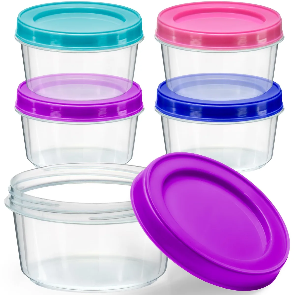 Four clear 7 oz jars with assorted twist lids