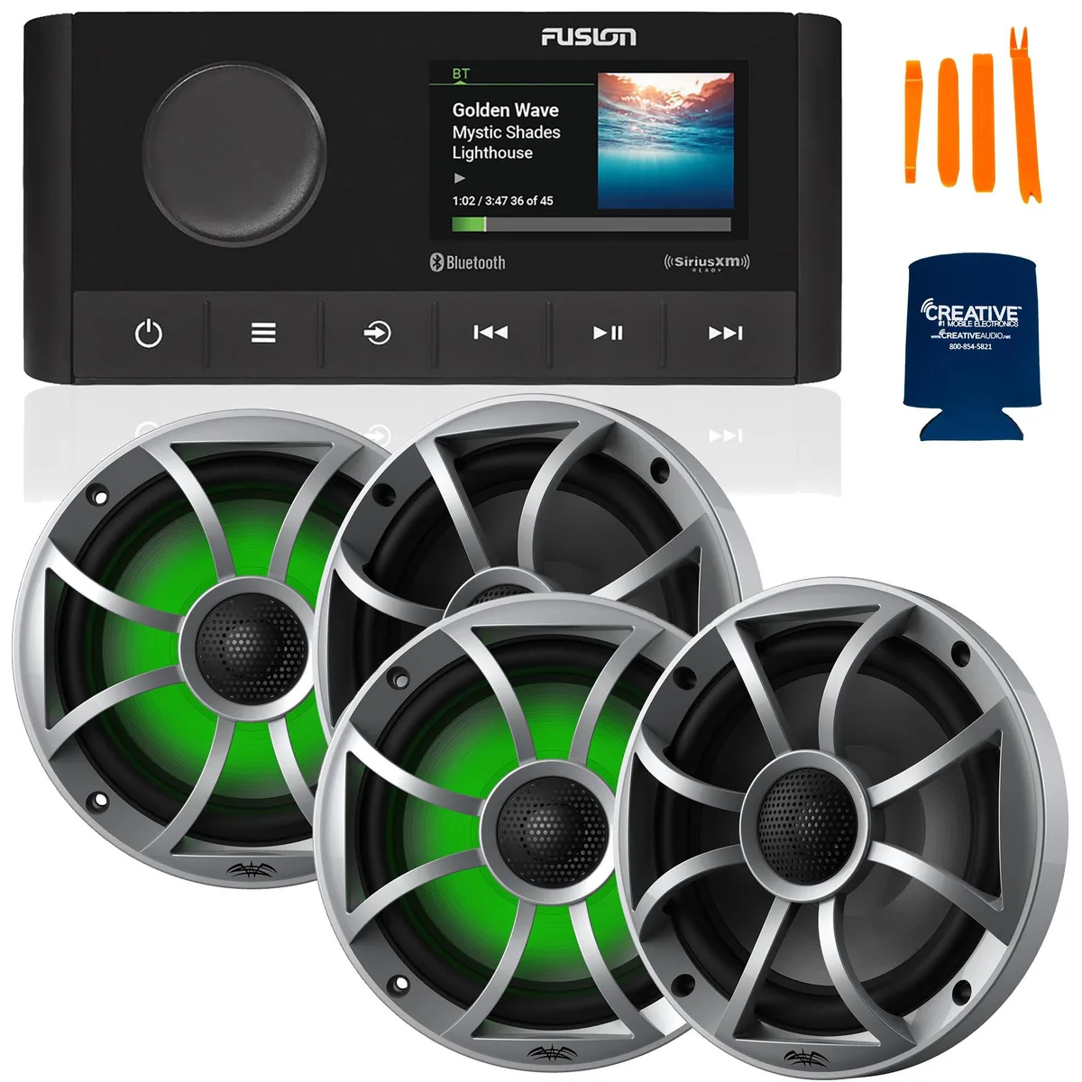 Fusion Entertainment Fusion MS-RA210 Marine Receiver Bundle 2 Pair Wet Sounds RECON 6-S RGB 6.5" 60W Silver Grille — product photo