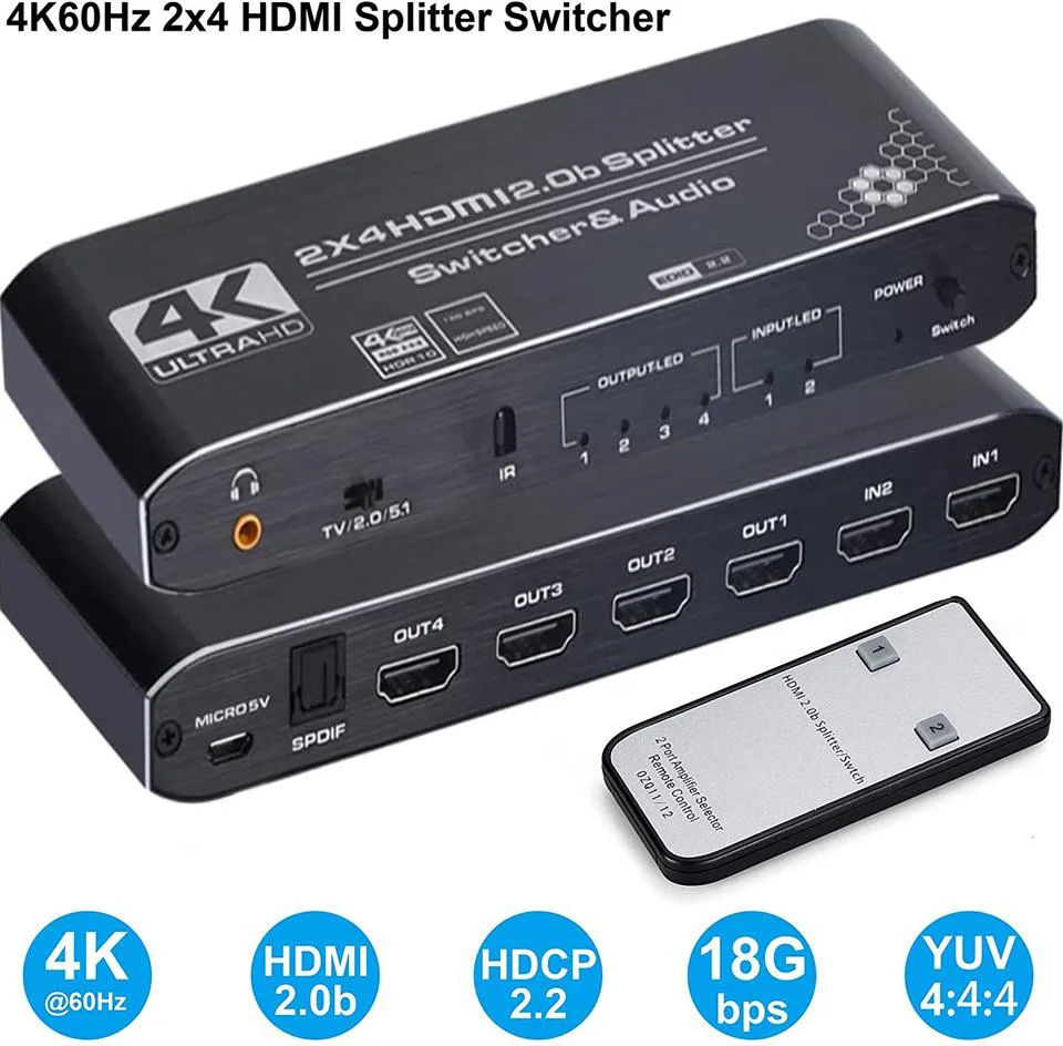 Black rectangular box with two HDMI inputs and four outputs plus audio ports and IR remote