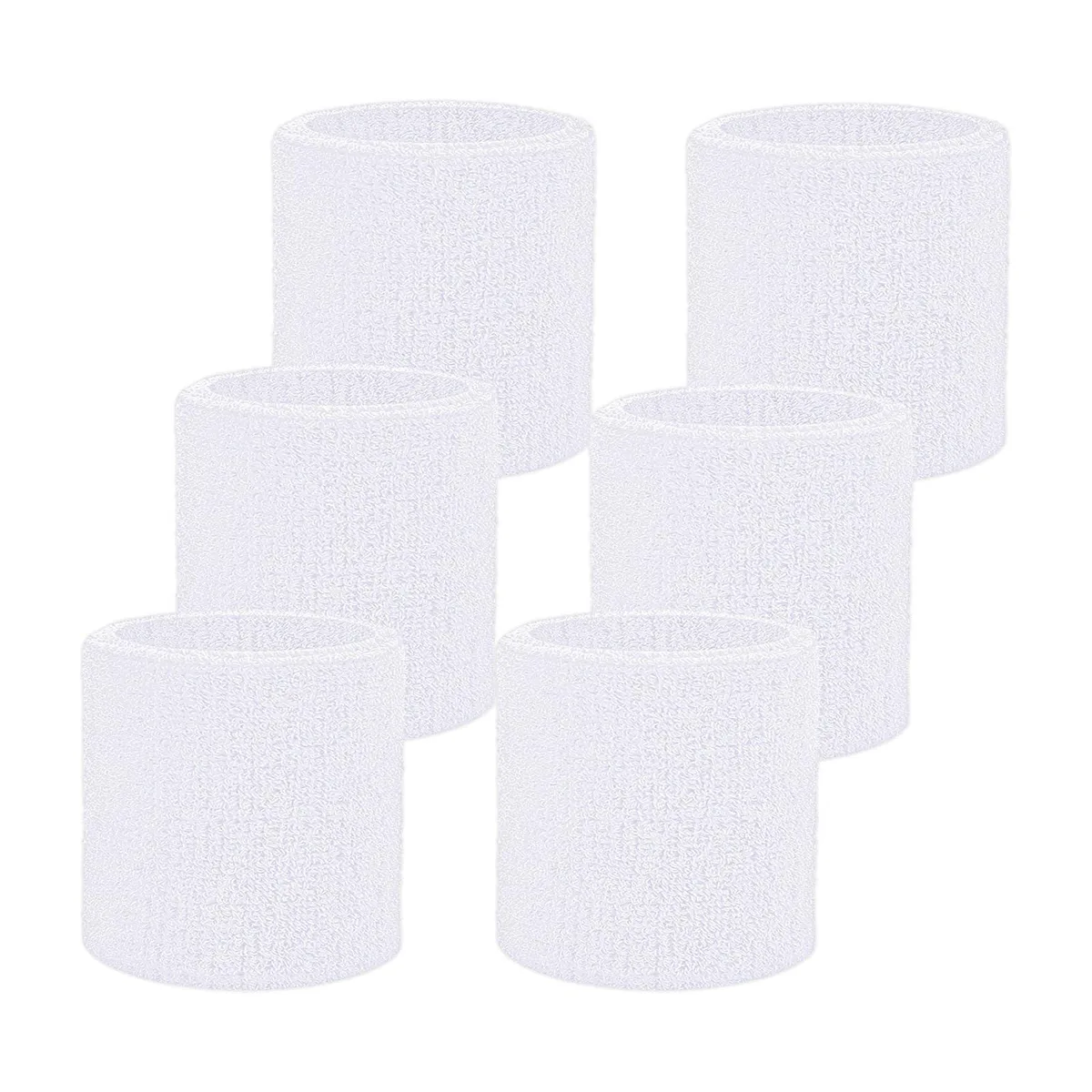 Six white cotton-blend wristbands on a plain background