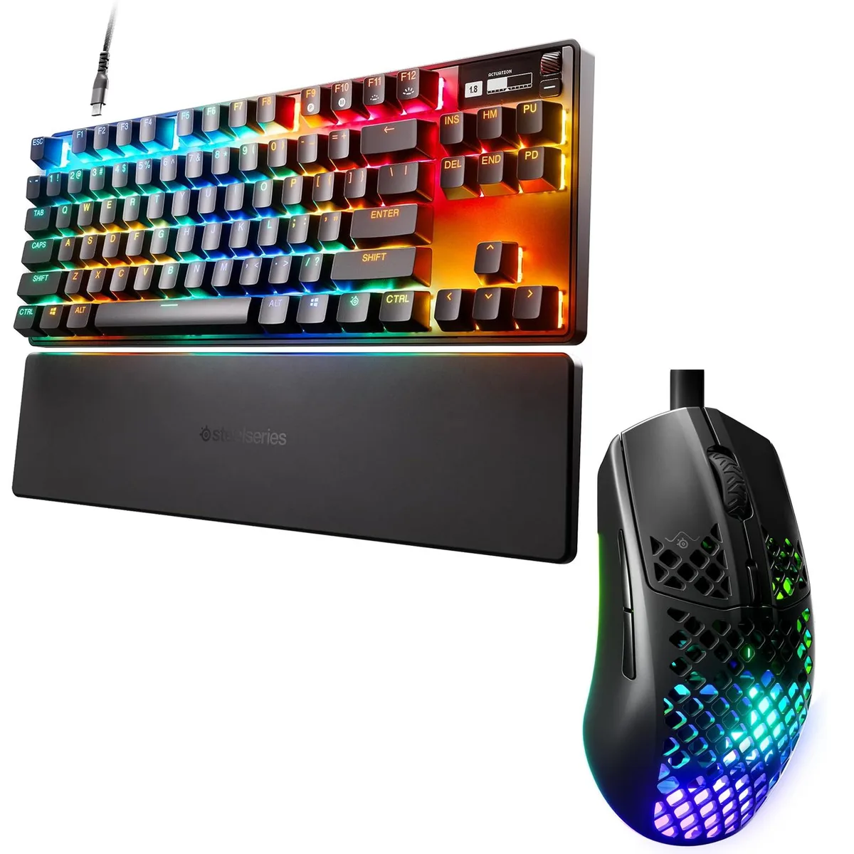 Tenkeyless keyboard with OLED screen and aluminium top plate, plus lightweight honeycomb mouse in black