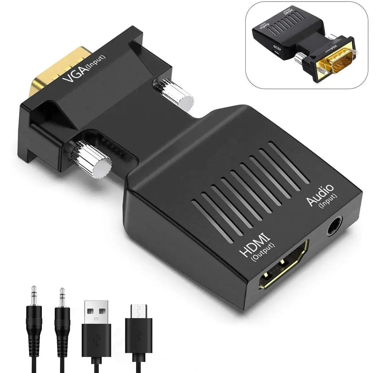 Compact VGA-to-HDMI adapter dongle with gold-plated connectors, 3.5 mm audio jack and USB power cable