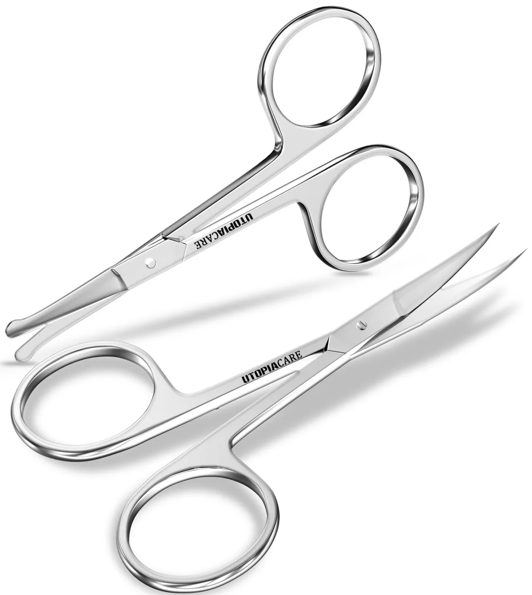 Two small silver stainless-steel scissors, one curved and one rounded tip, ergonomic handles, sold as a pair