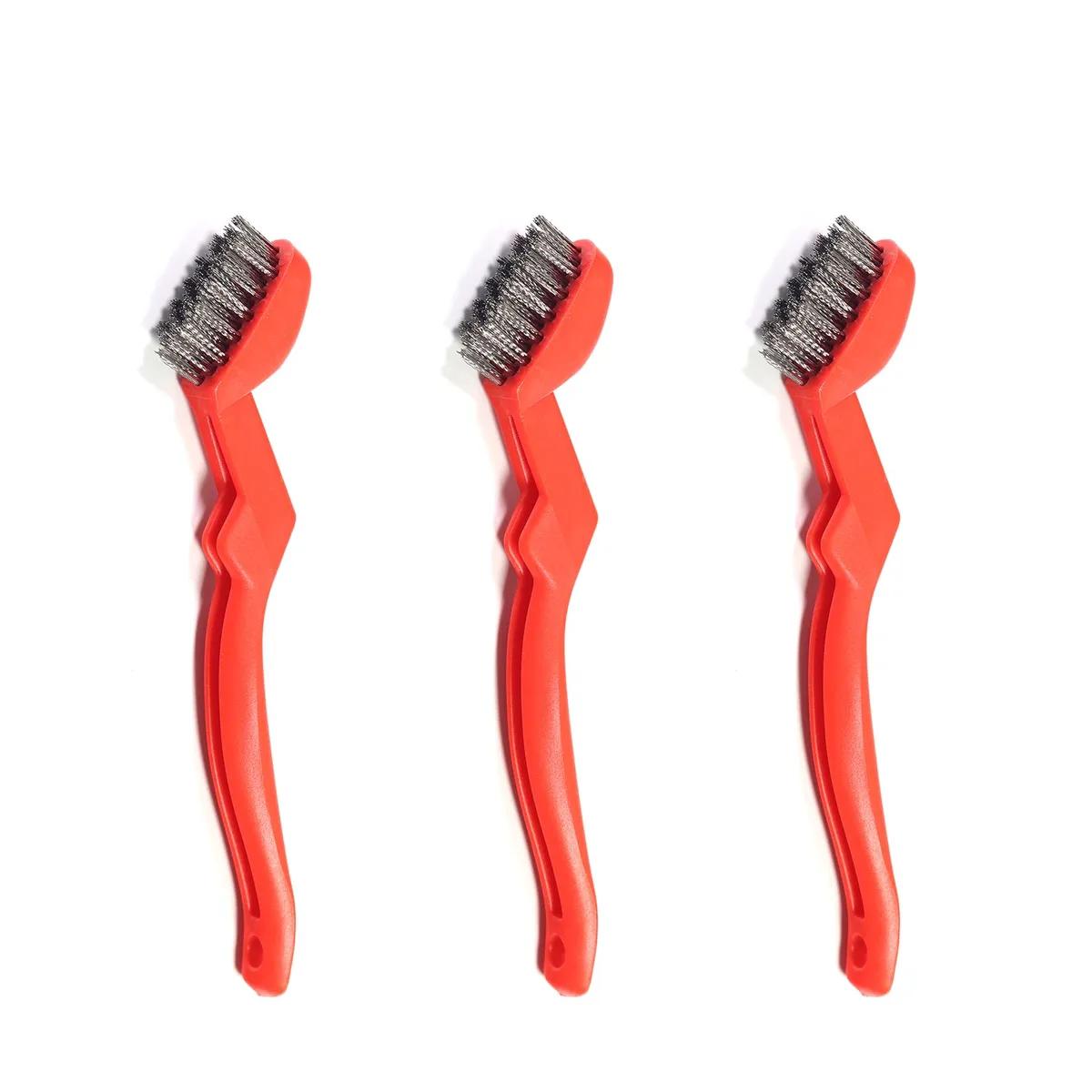 Three stainless steel wire brushes with curved handles and narrow heads