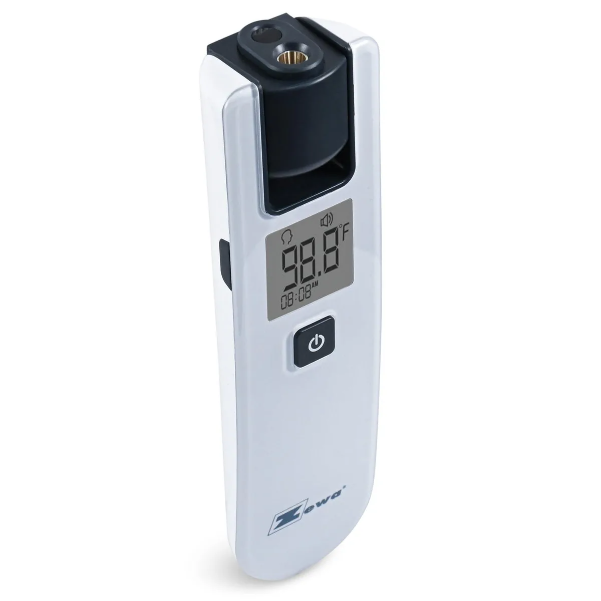 Black infrared forehead thermometer with rotating sensor tip, LCD screen, and button controls