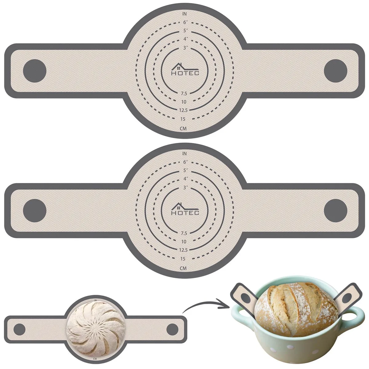 Two grey silicone bread slings with long handles on a flat surface